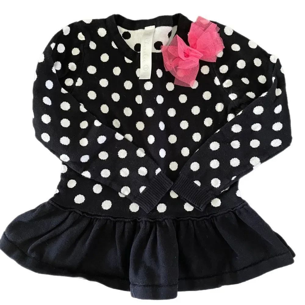 ❣️5/$50 Cherokee Girls 4T Black Polka Dot Sweater with ruffle hem & pink flower